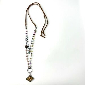 Mixed Gemstone Sundance Inspired Necklace, Vintage Metal Pendant